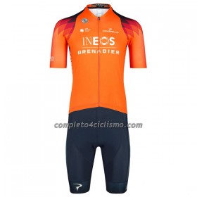 Completo Maglia + Pantaloncino con bretelle 2023 INEOS Grenadiers Manica Corta Arancio Blu Scuro